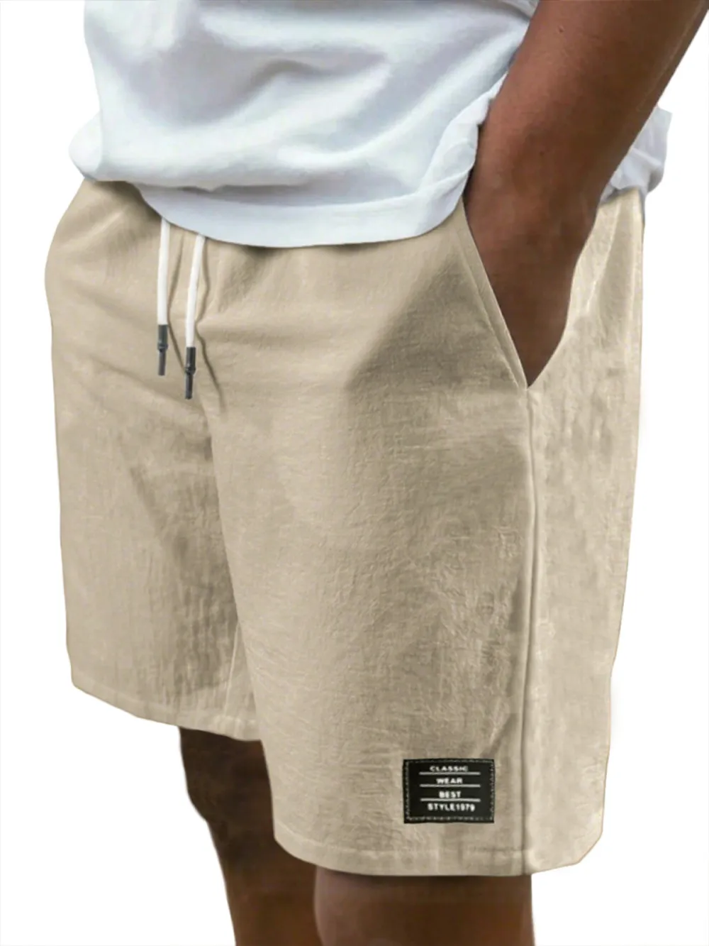 Men's Breathable Linen Beach Lace-Up Everyday Shorts with Simple Embroidered Label