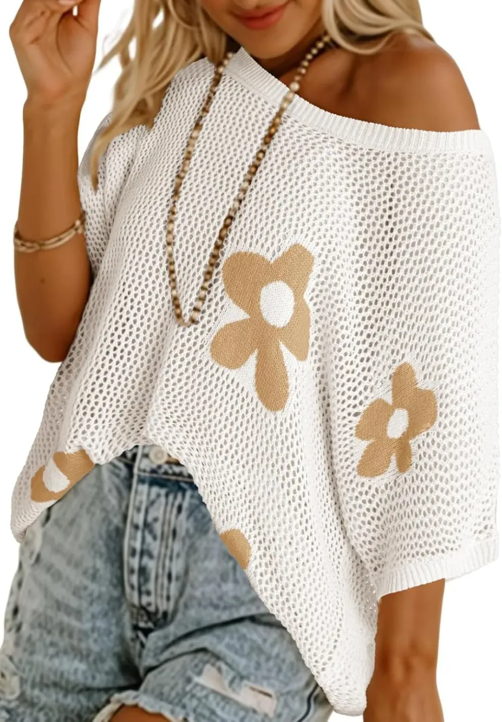 ✨Womens Floral Cute Tops Short Sleeve Crochet Cover Ups Lightweight Pullover