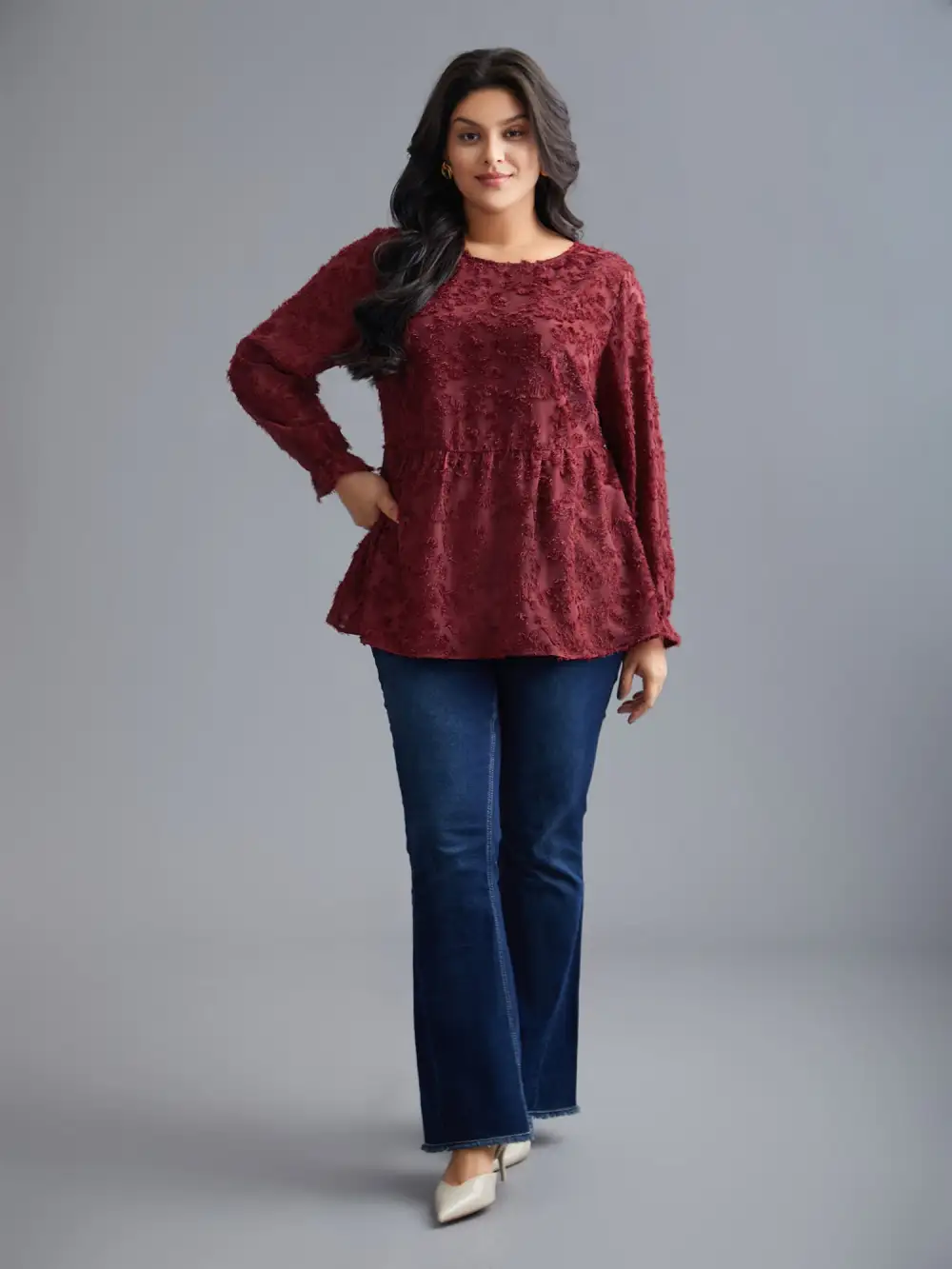 Round Neck Jacquard Plisse Ruched Blouse