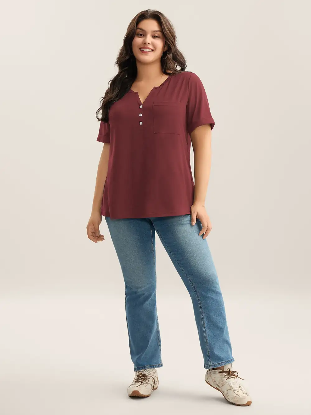 Solid Split Neck Button Detail T-Shirt