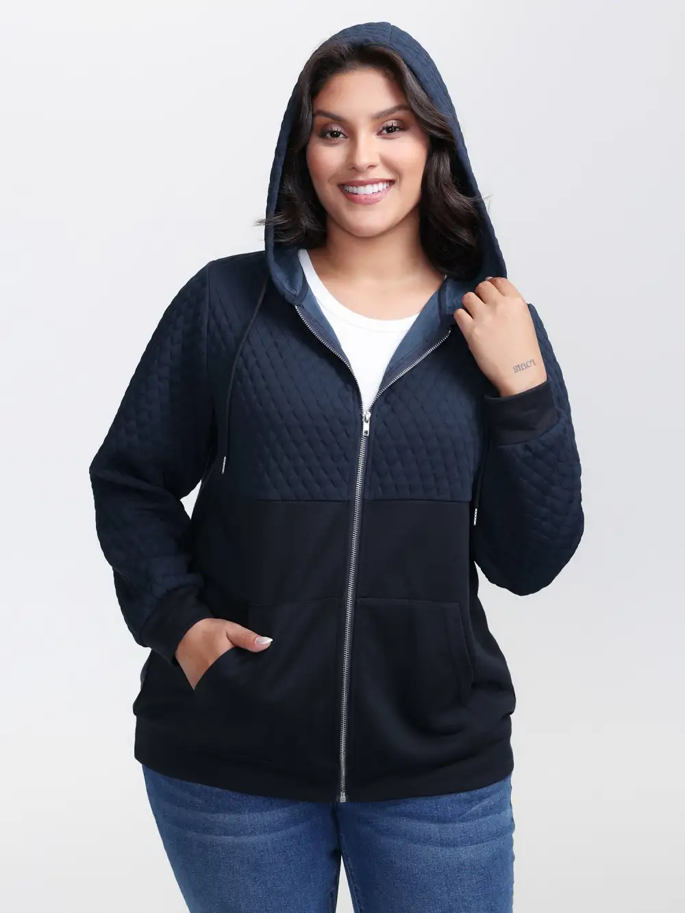 Textured Zipper Front Hoodie Jacket