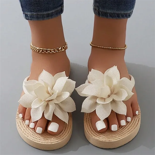Women's Slippers Boho Bohemia Beach Outdoor Slippers Beach Slippers Outdoor Beach Solid Color Flower Flat Heel Elegant Casual PVC Loafer Black Pink Green