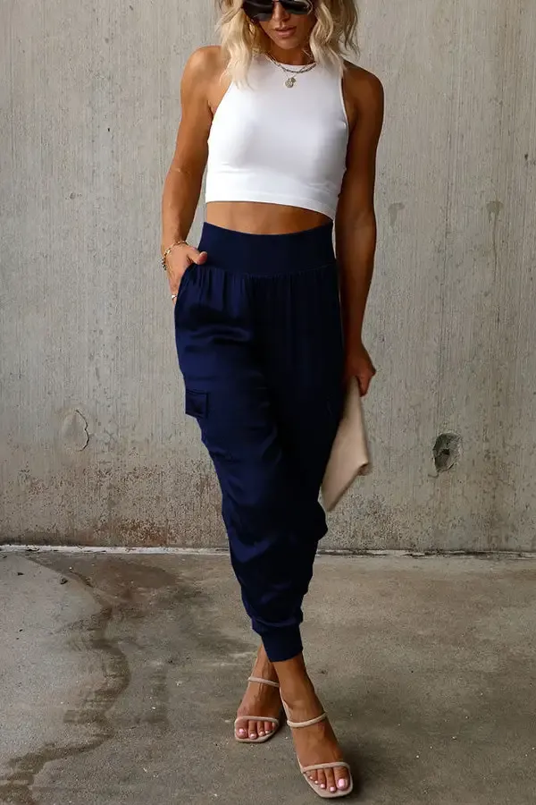 Women's Satin High Waist Pocketed Joggers