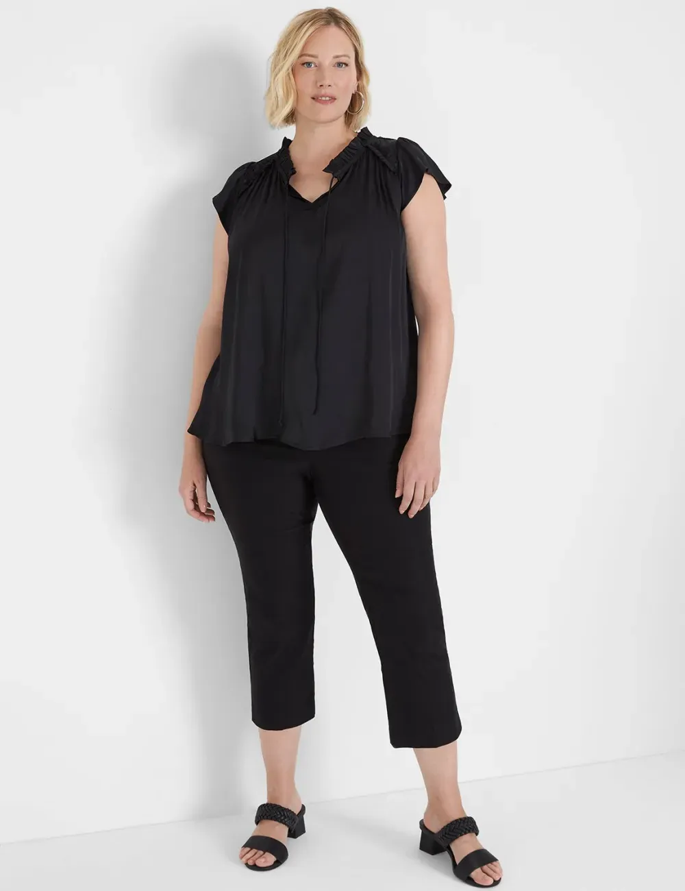 Flutter-Sleeve Woven Satin & Knit Top