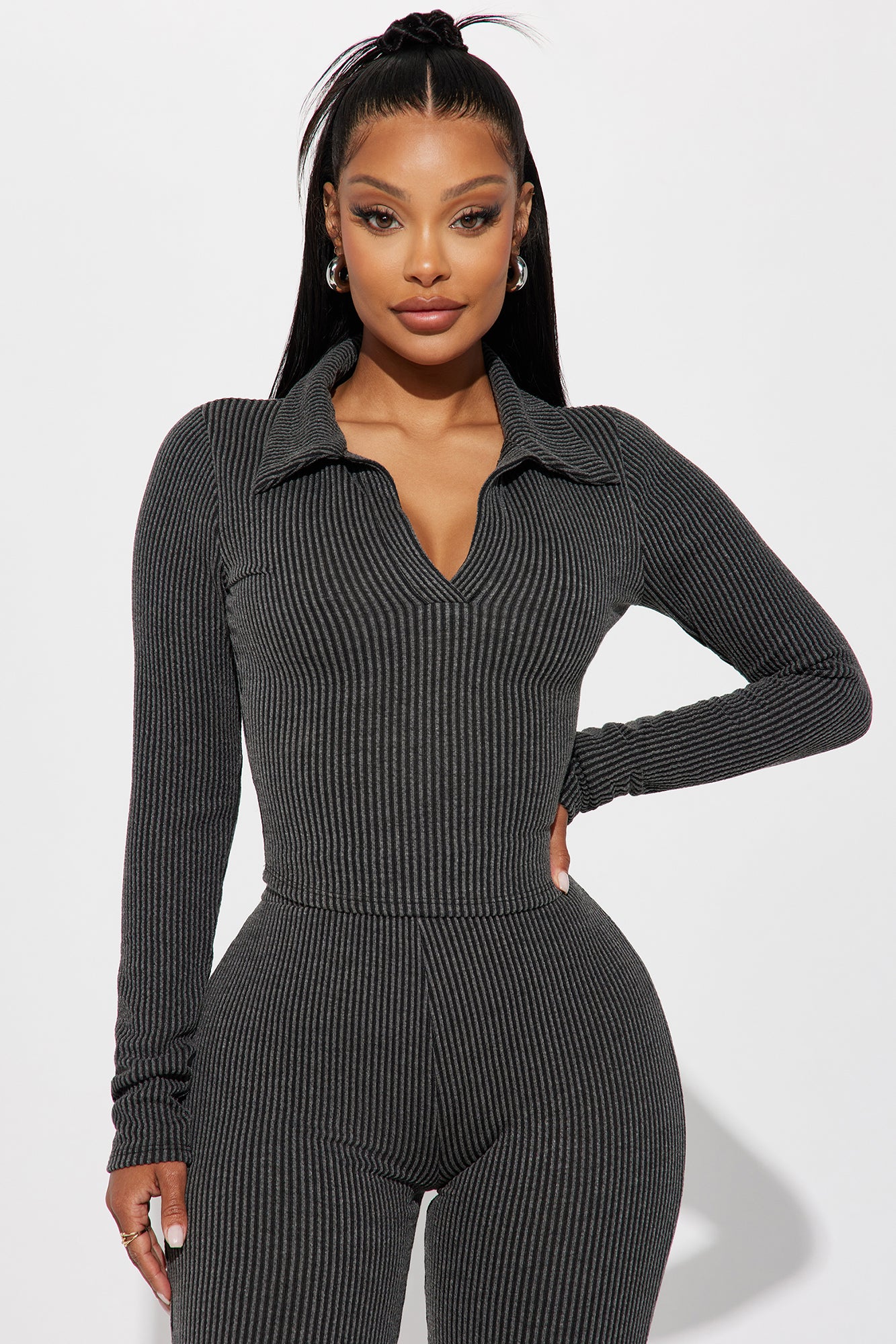 Josie Ribbed Long Sleeve Set - Charcoal