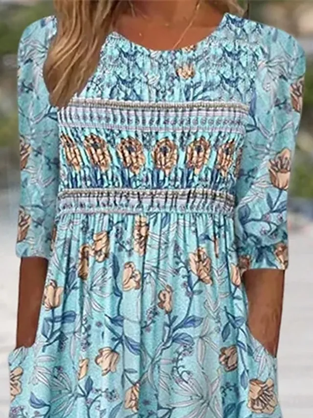 Women's Casual Dress A Line Dress Floral Dress Floral Pocket Print Crew Neck Midi Dress Fashion Streetwear Outdoor Daily 3/4 Length Sleeve Regular Fit Yellow Pink Blue Summer Spring S M L XL XXL