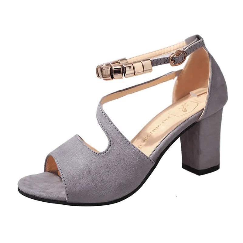 Beaded buckle block heel sandals