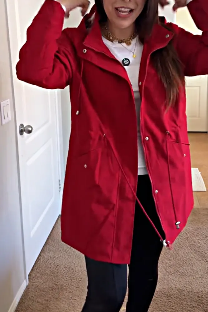 Women's solid color zipper casual hooded jacket