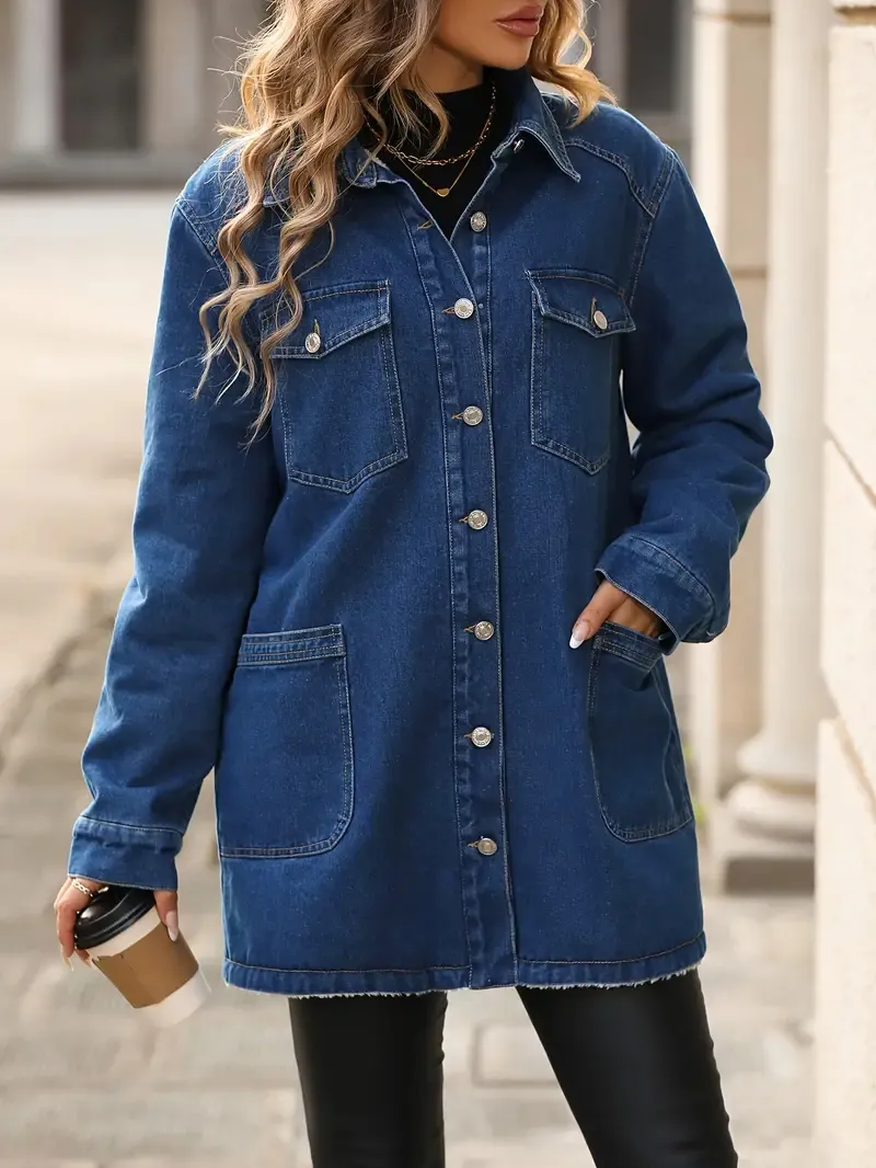 Long Sleeve Solid Color Elegant Denim Bomber Jacket with Fleece Lined Lapel, Button Closure, and Flap Pockets for Warmth