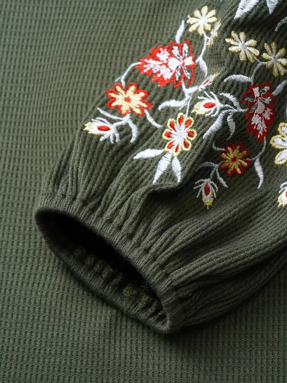 Waffle Knit Floral Embroidered Lantern Sleeve T-Shirt