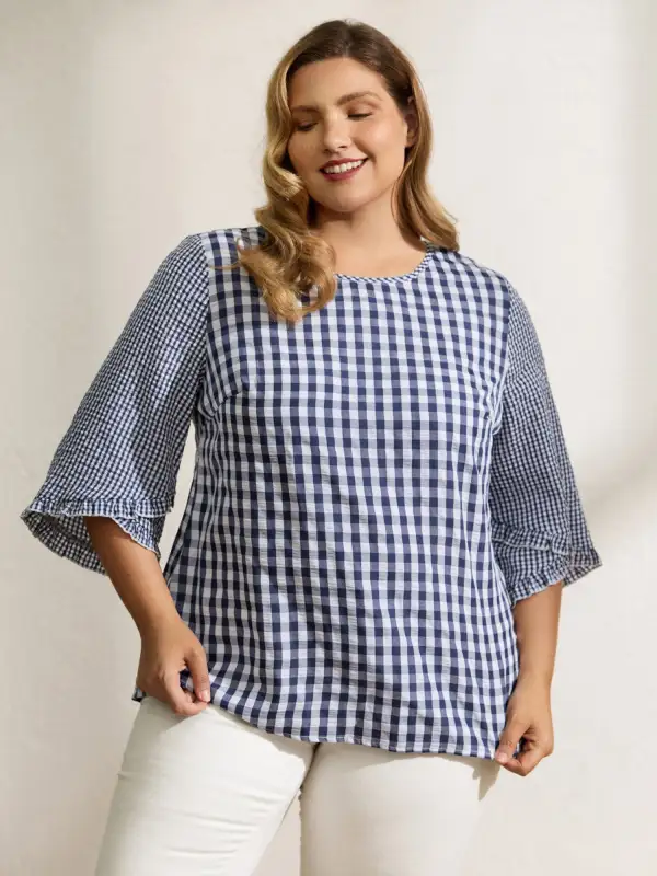 Checkered Print Flared Overlap Sleeve Blouse