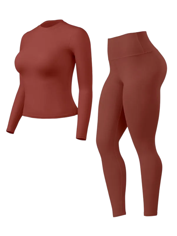 Women's Solid Long Sleeve Tee & High Waist Leggings Sportswear Set