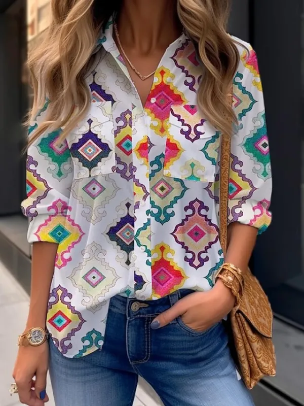 Women's Shirt Blouse Graphic Geometric Button Print Casual Daily Basic Long Sleeve Shirt Collar White Fall & Winter
