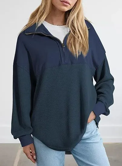 Oversized Waffle Knit Half Zip Pullover Soft Polyester Blend Long Sleeve Sweatshirt