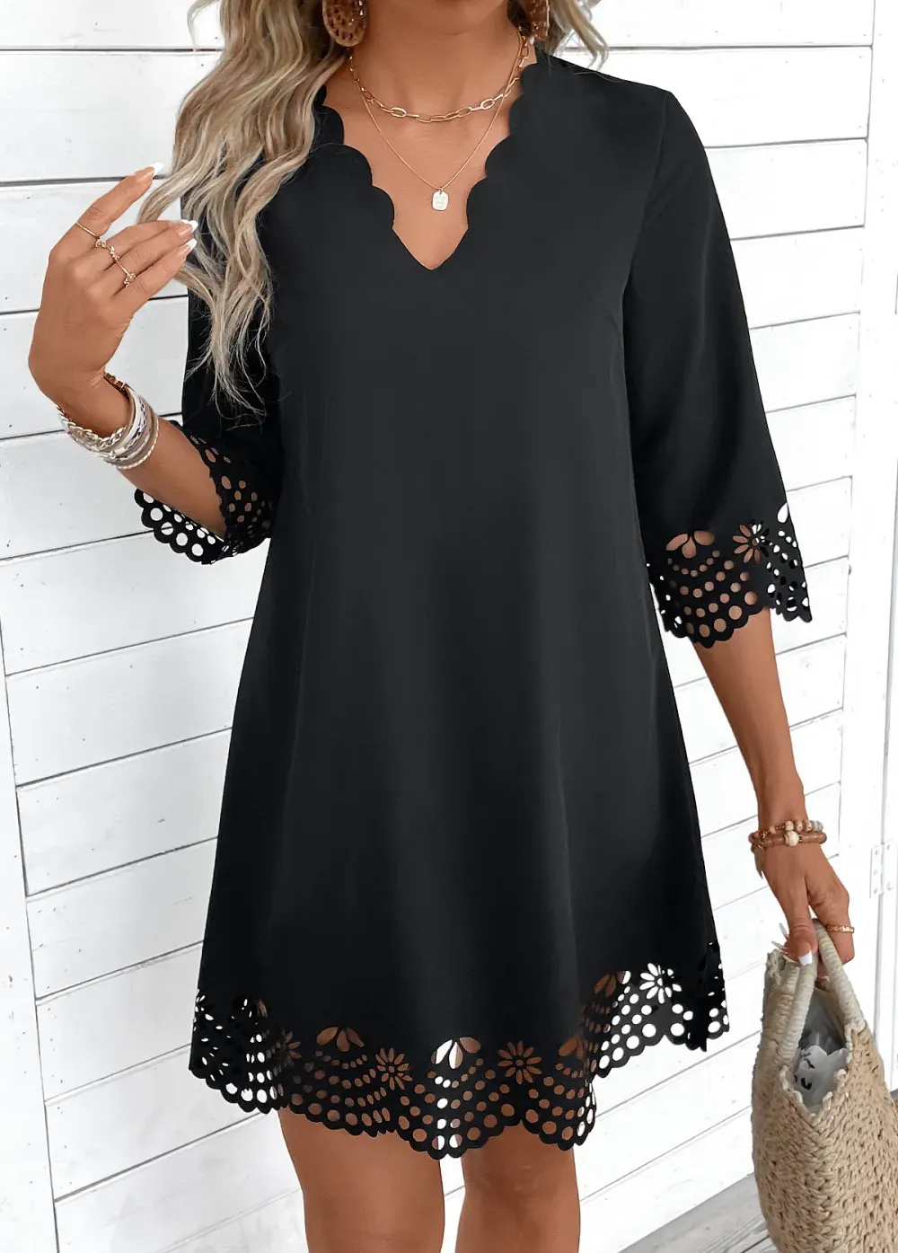 Black A Line 3/4 Sleeve V Neck Dress