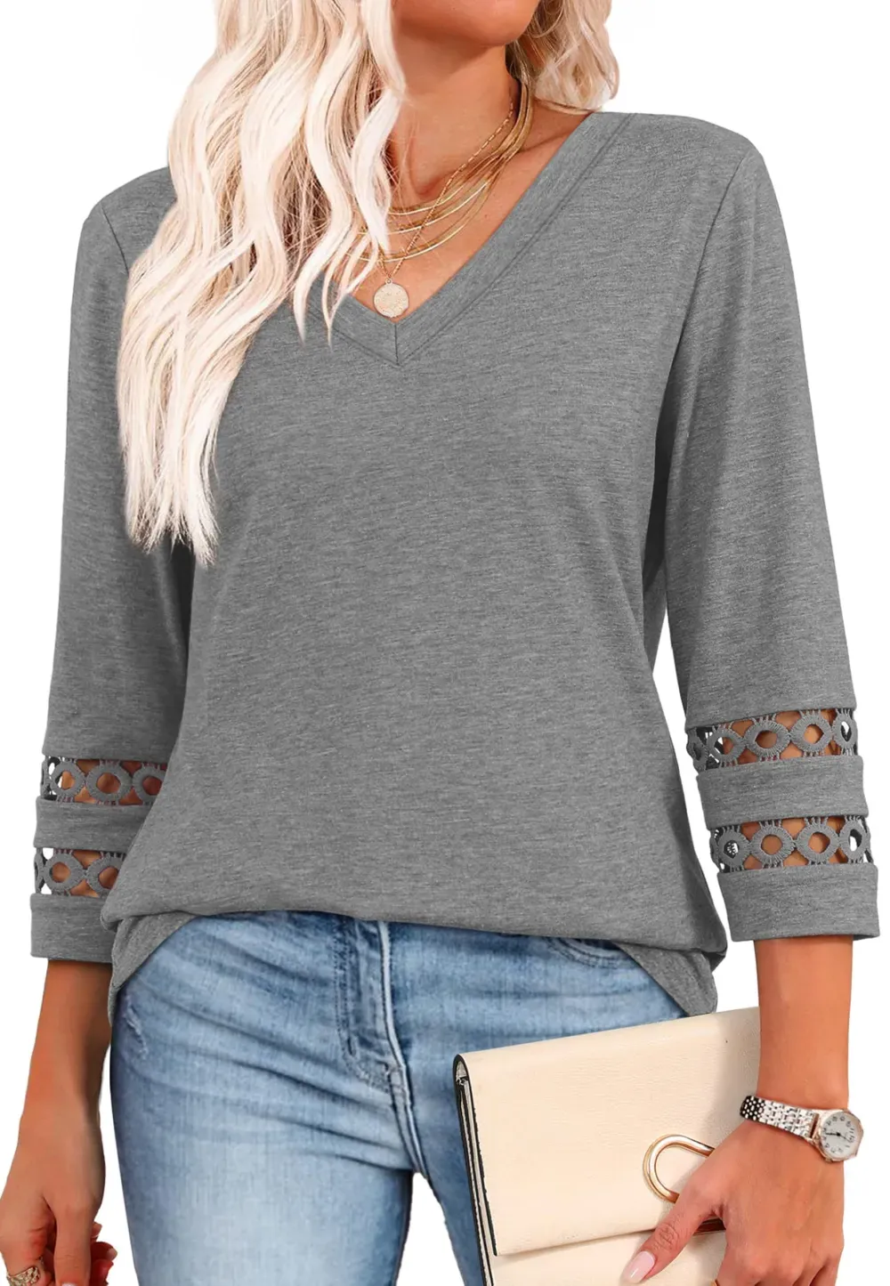 ✨Womens 3/4 Length Sleeve Tops Trendy V Neck T Shirts