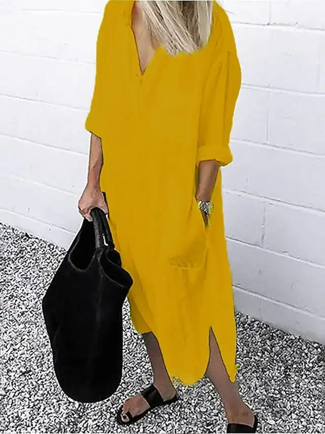 Women‘s Casual Dress Cotton Dress Shirt Dress Swing Dress Midi Dress Blue Yellow Red Long Sleeve Pure Color Pocket Summer Fall Spring Shirt Collar Basic Daily Weekend Loose Fit 2023 S M L XL XXL 3XL