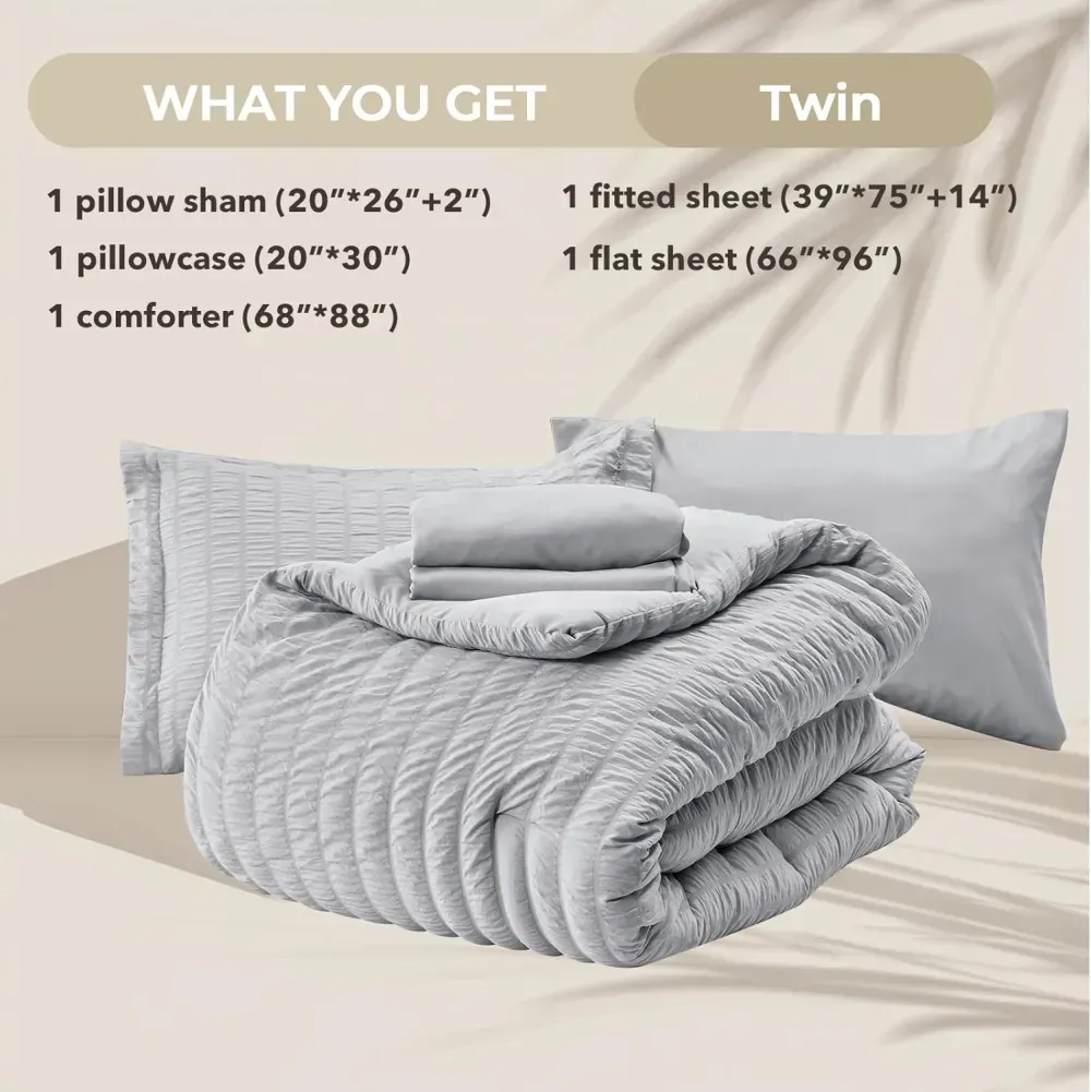 Queen Comforter Set Seersucker 7 Pieces, All Season Luxury Bed in a Bag for Bedroom, Bedding Set with Comforters, Sheets, Pillowcases & Shams, Dark Grey