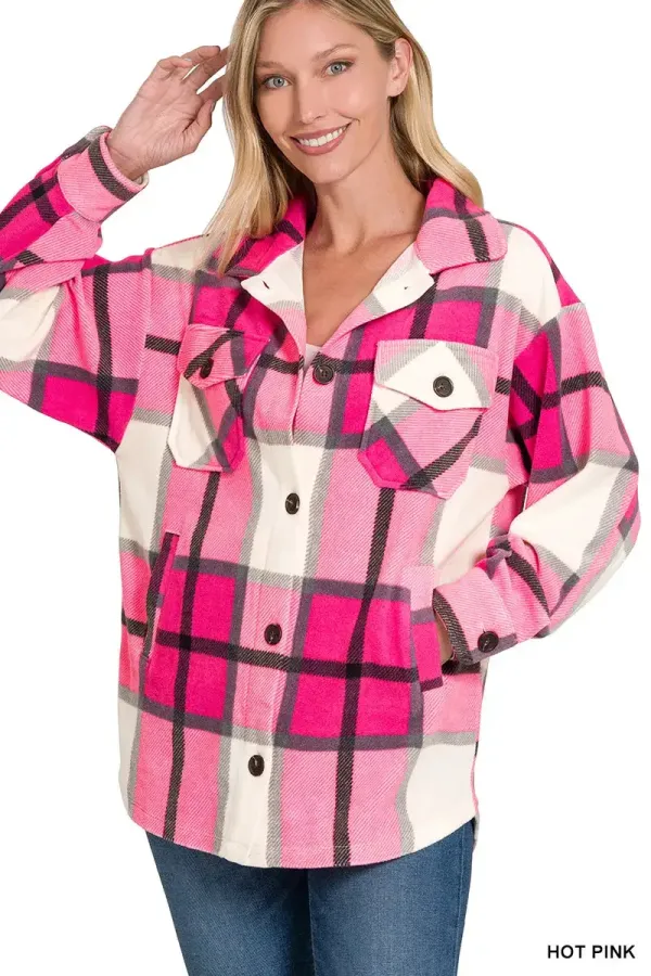 Zenana Oversized Plaid Fleece Shacket