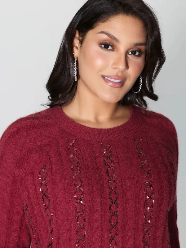 Cable Knit Textured Sequin Embroidered Pullover