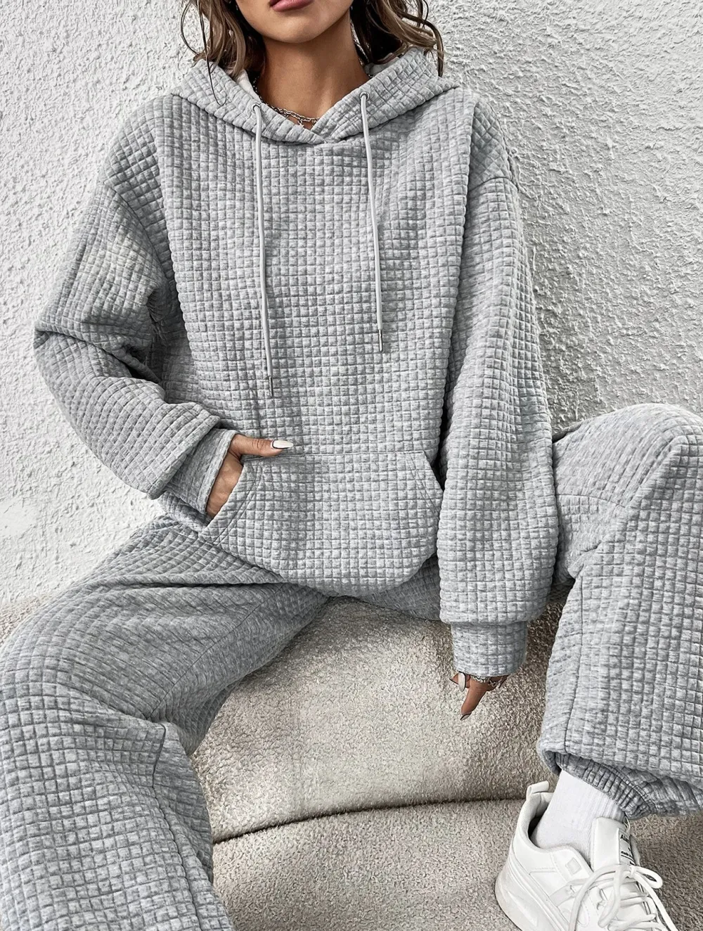 Kangaroo Pocket Drop Shoulder Drawstring Hoodie & Sweatpants