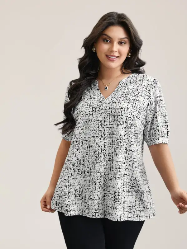 Geometric Print Puff Sleeve Blouse