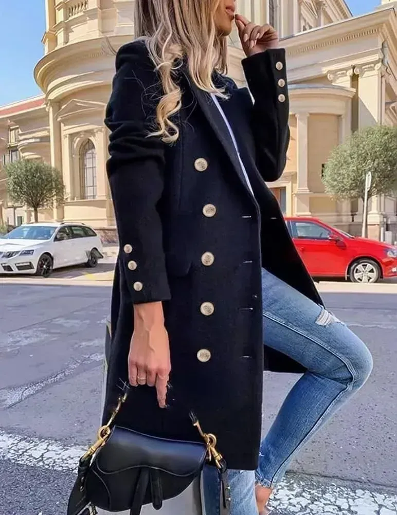 Womens Fall Winter Wool Coats Double Breasted Midi Peacoat Trench Coats