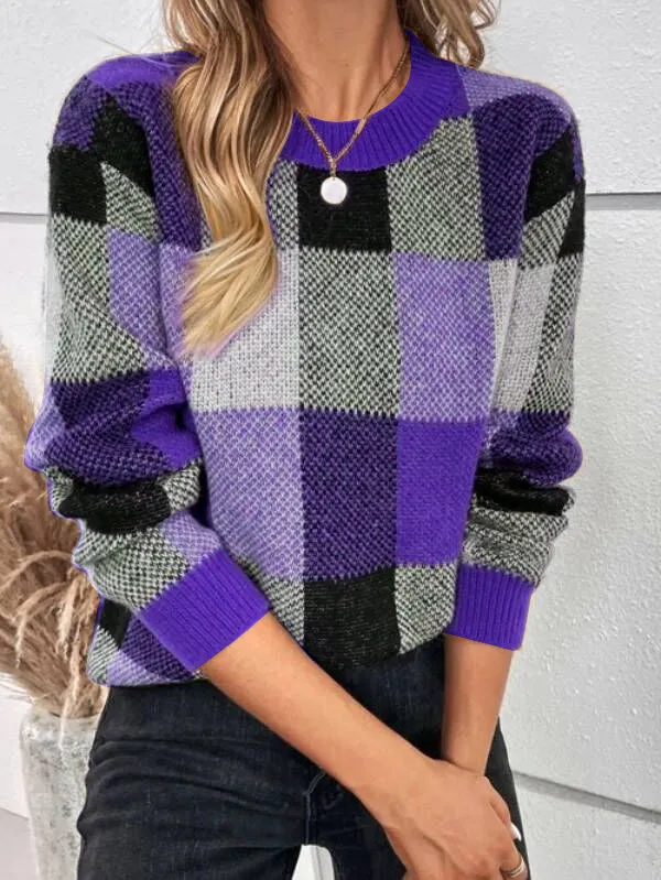 Casual Cotton Plaid Pattern Drop Shoulder Sweater