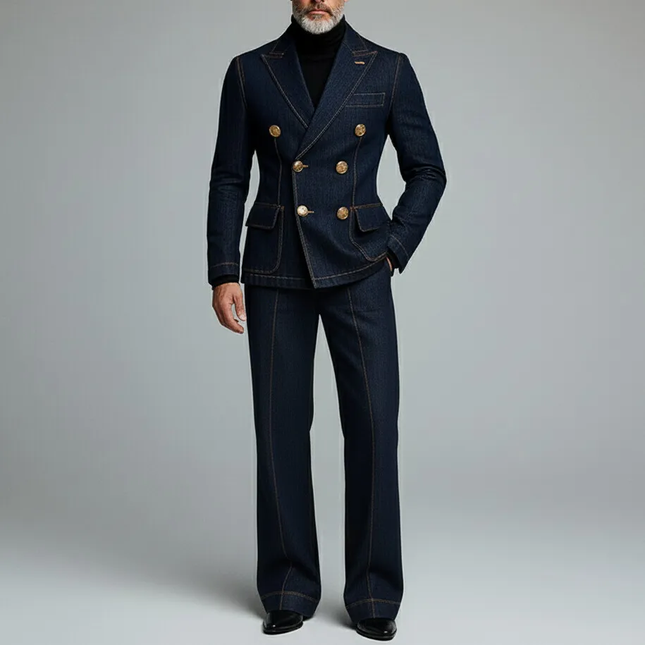 Men's Navy Blue Denim Double Breasted Contrast Stitched Flap Pockets Blazer & Jeans 2Pcs Set