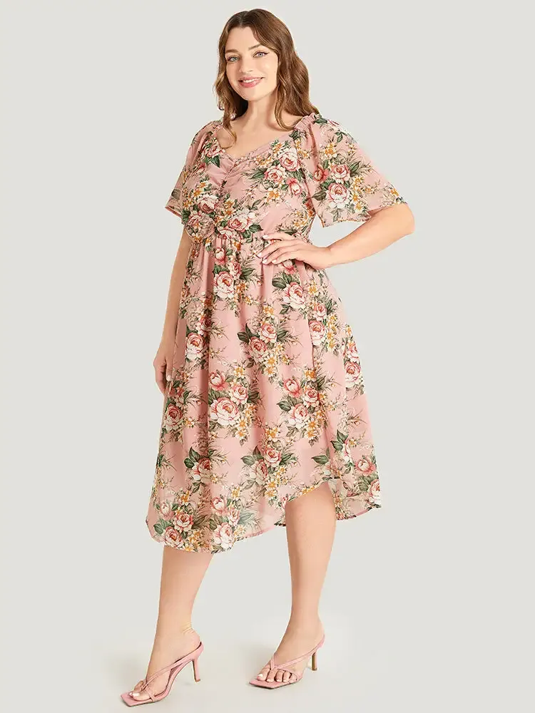 Floral Print Ruched Pocket Frill Trim Ruffle Arc Hem Dress