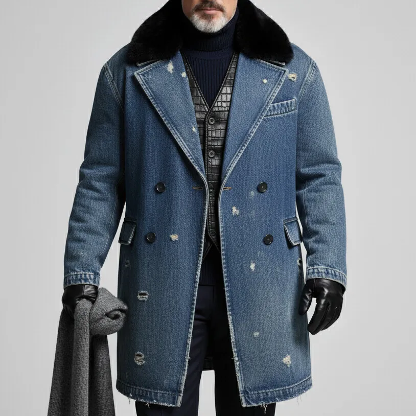 Men's Blue Denim Ripped Black Furry Collar Double Breasted Long Sleeve Overcoat