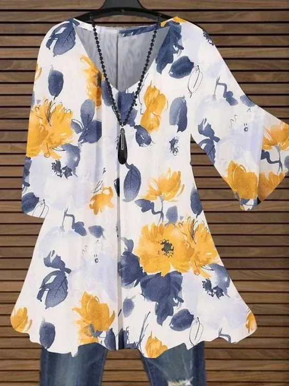 Women's T-Shirts Floral Print V-Neck Flared Sleeve T-Shirt（⚡Clearance Sale）