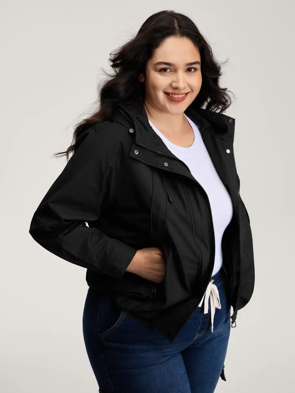 Pockets Zipper-Front Hooded Bomber Jacket