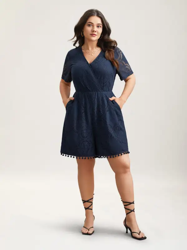 Lace Sleeve Stretchy Waist Pockets Romper
