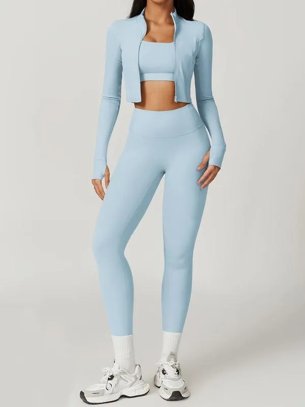 Women's 3 Piece Tracksuit Set - Criss Cross Crop Tank, High Waist Leggings & Zip Up Jacket