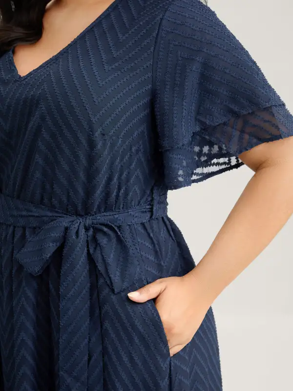 Texture Tiered Ruffle Sleeve See Through Dress