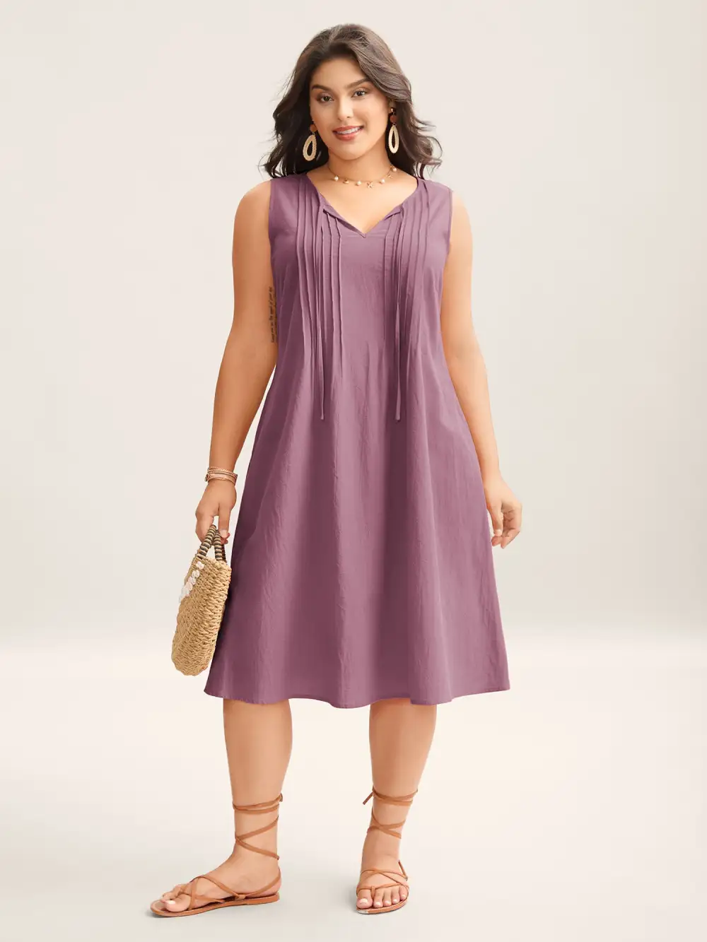 Cotton Toothpick Pleat Plain Midi Dress