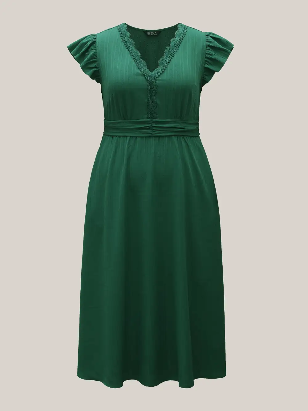 Lace Trim Stitch Textured Waist-Defined Midi Dress