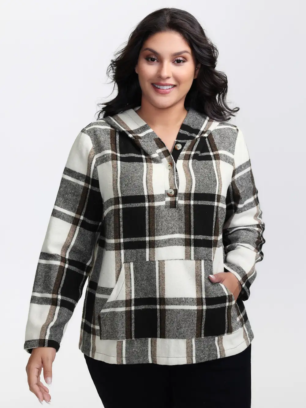 Checkered Half-Open Placket Pockets Hoodie