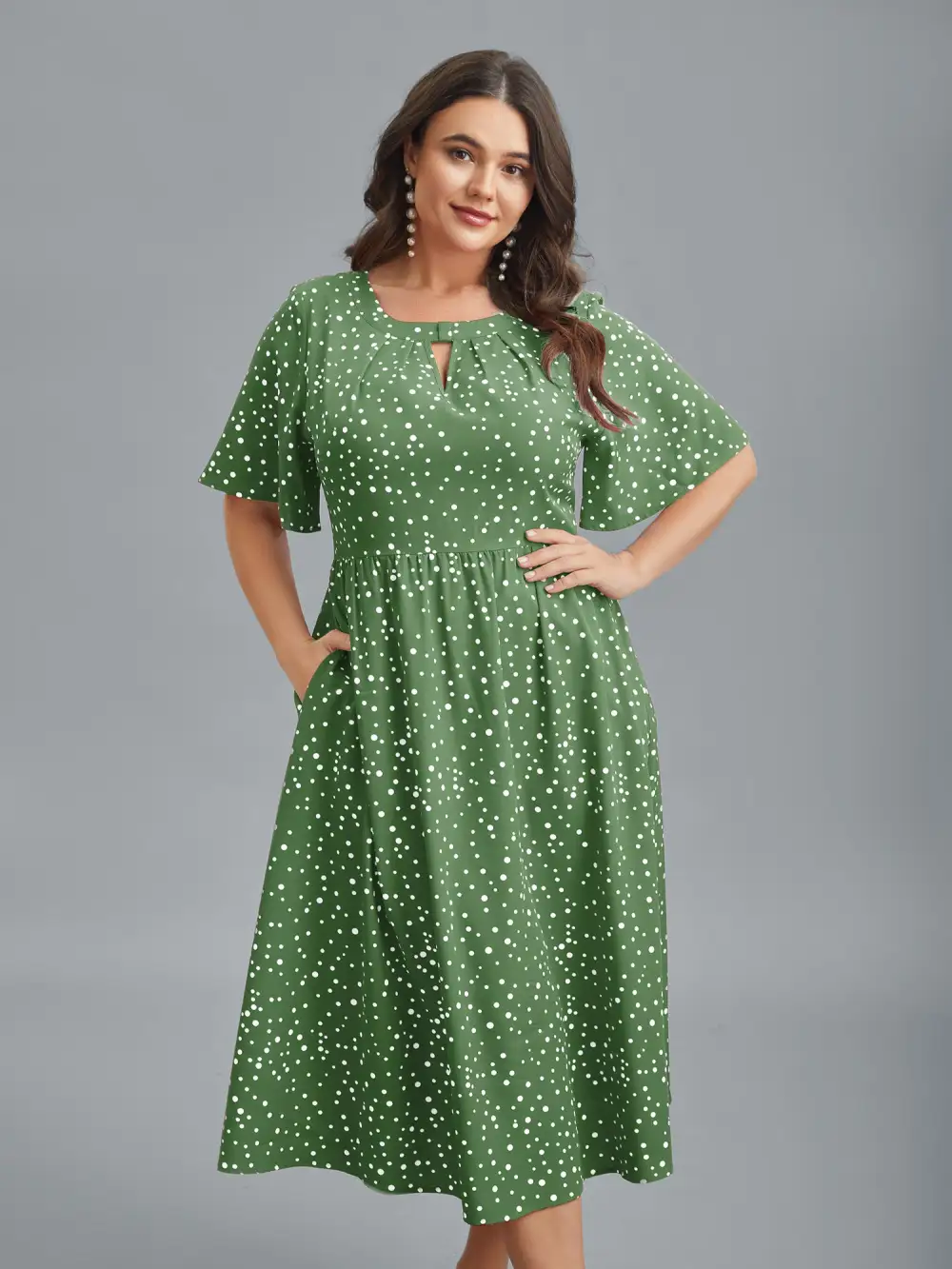 Polka Dots Print Cut-Out Flutter Sleeve Midi Dress