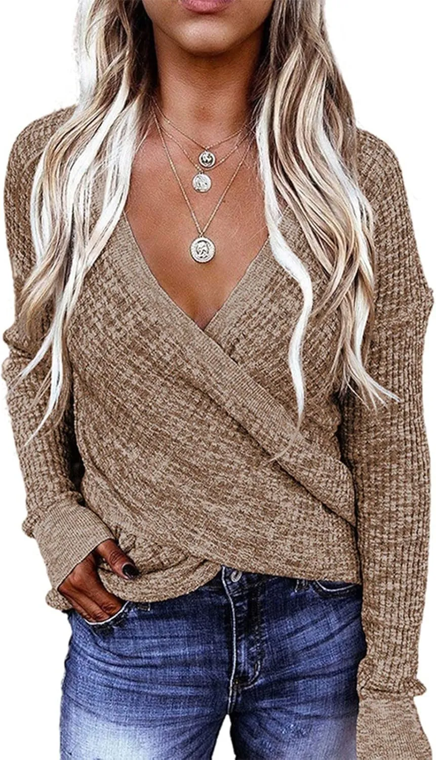 Women's Fall Sweater 2023 Wrap Sweaters Long Sleeve Knitted Asymmetric Hem Pullover Solid Color Tops Sweater