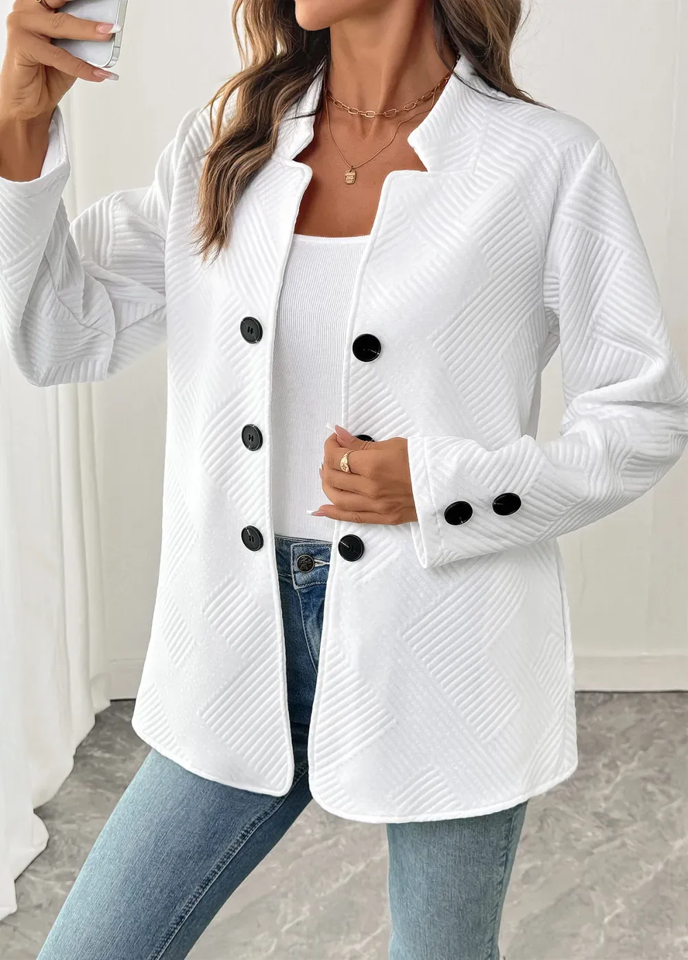 White Double Side Pockets Long Sleeve Coat