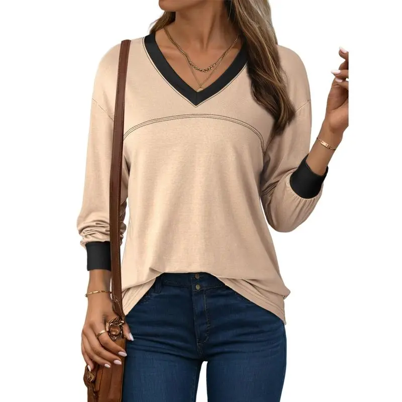 Women Blouses Dressy Casual Long Sleeve Shirts V Neck Color Block Tops Fall Outfits 2025