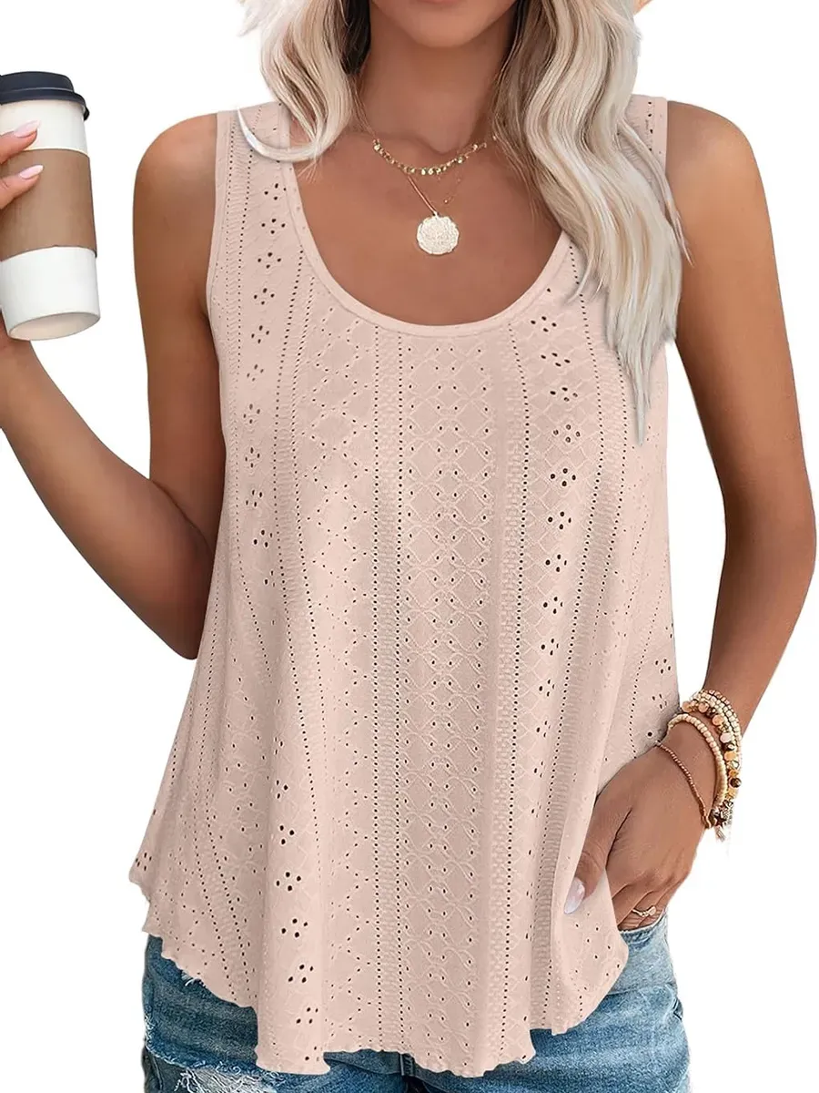 HOT SALE Women's Casual Loose Scoop Neck Wide Strap Eyelet Tank Tops