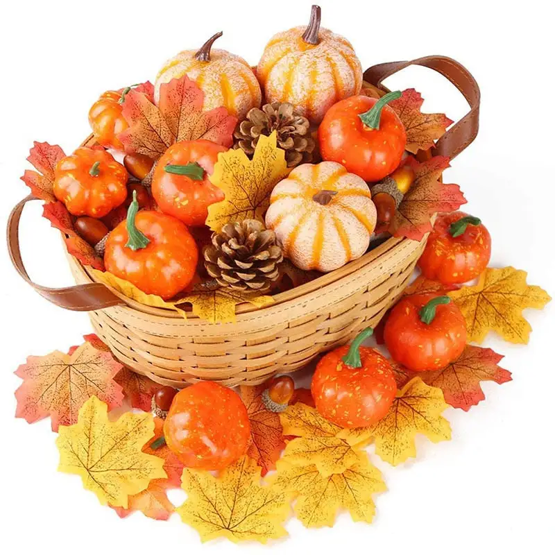 50pcs Simulation Pumpkin Golden Autumn Mini Pumpkin Set Halloween Pumpkin Thanksgiving Decoration Pumpkin Pine Cones Acorns Prop