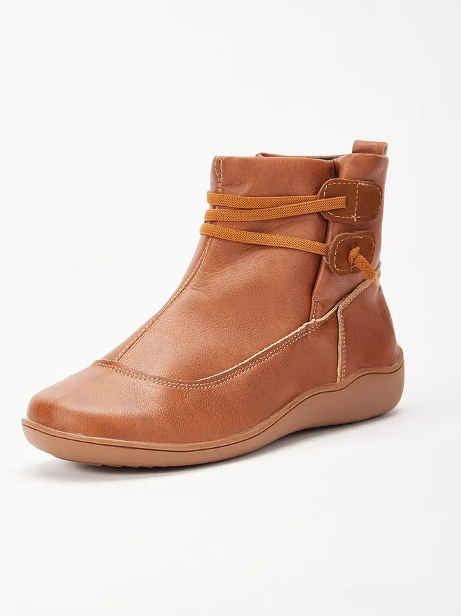 Vintage Women Casual Braided Strap Breathable Lether PU Flat Heel Classic Boots