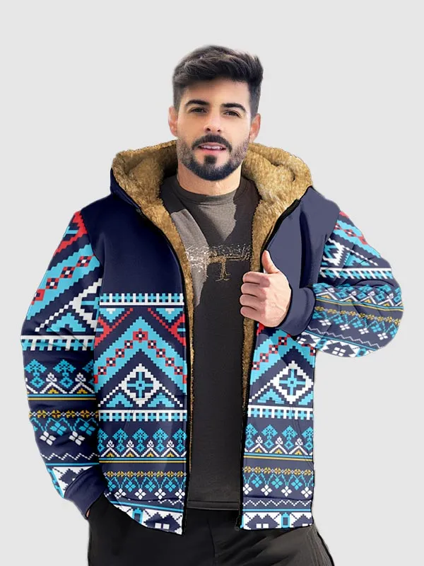 Men's Aztec Fleece Full Zip Printed Hoodie Jacket
