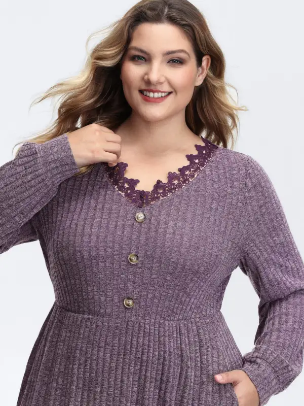 Stretchy Textured Lace Trim Midi Dress