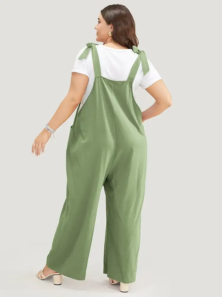 Solid Pleated Detail Pocket Knotted Shoulder Overall Jumpsuit