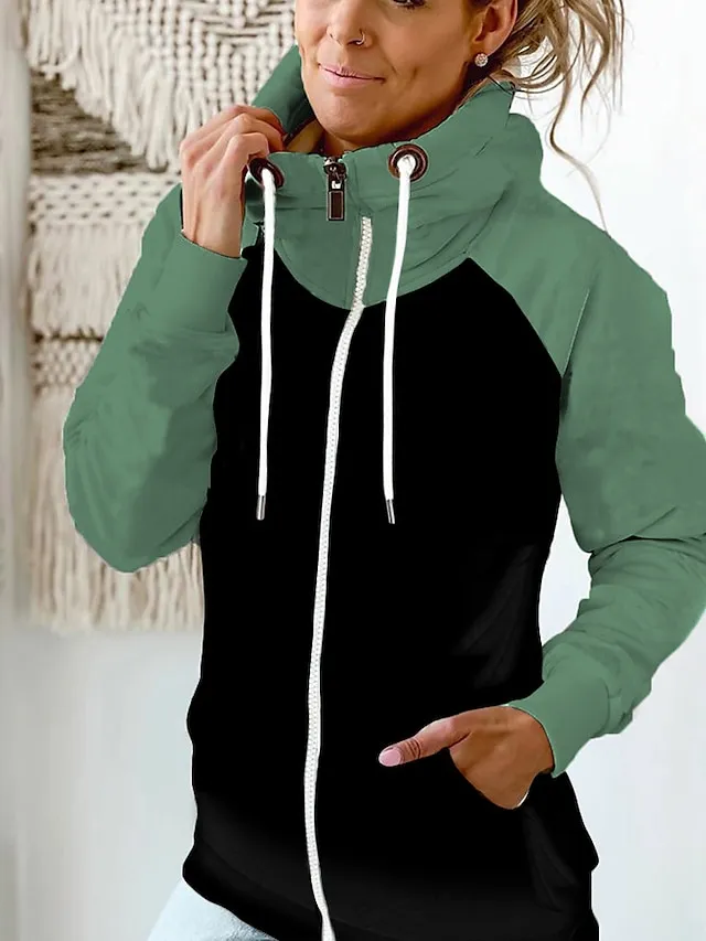 Women's Zip Hoodie Sweatshirt Basic Pocket Drawstring Zip Up White Light Green Pink Color Block Street Casual Pile Neck Long Sleeve Top Micro-elastic Fall & Winter